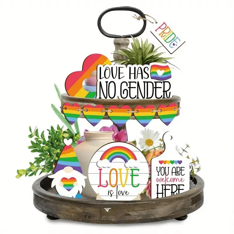 LGBT Pride Tiered Tray Decor, 12pcs/set Rainbow Pride Wood Signs, Love Is No Gender Pride Month Wood Ornaments for Home & Kitchen Table Centerpieces