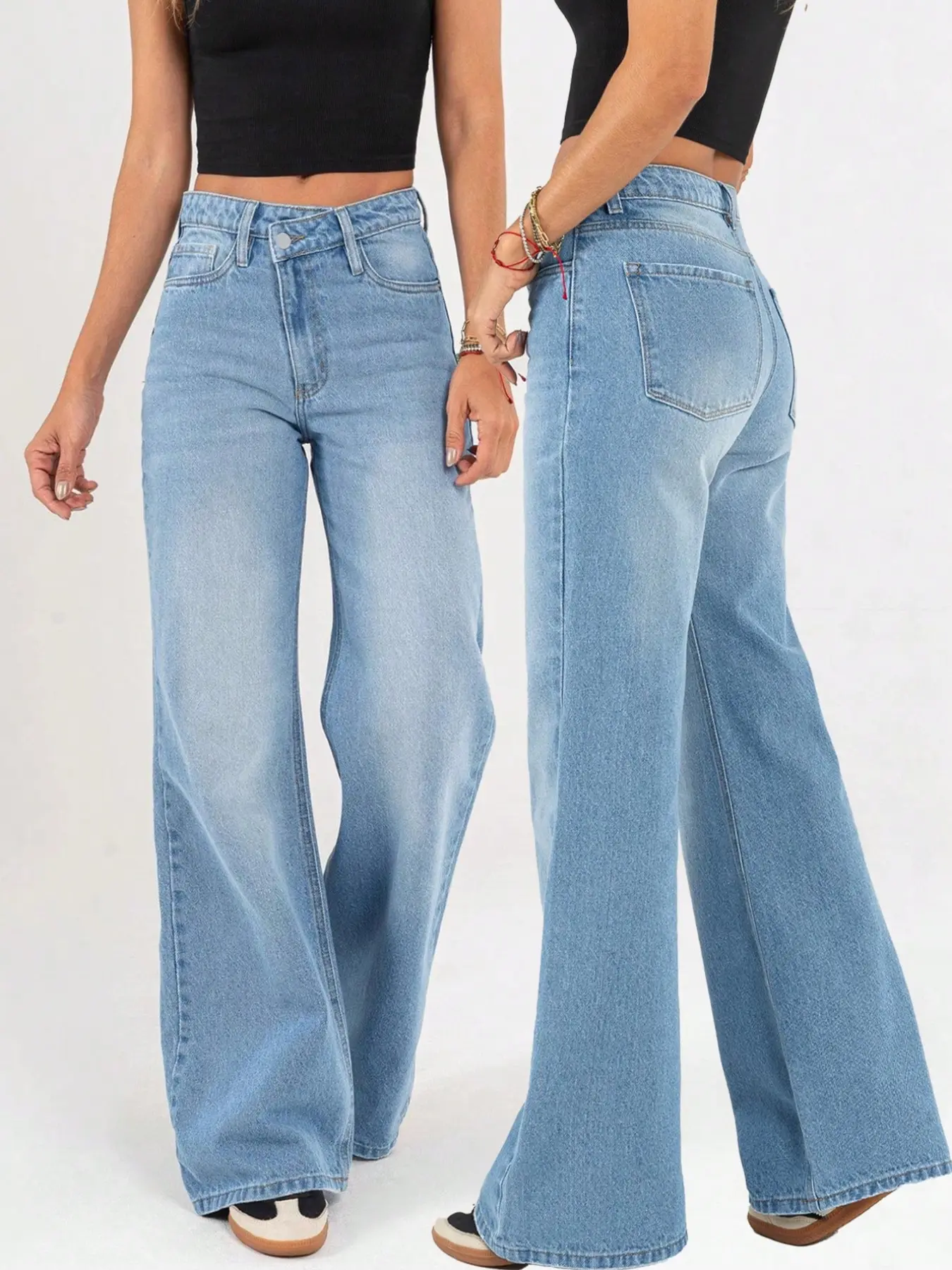Women's Asymmetric Mid-Waist Wide Leg Fitted Light Wash Jeans, Pants, Zipper Pocket Design, Casual Fashion for All Seasons, Asymmetrical Jeans, Limited Time Purchase Essential
