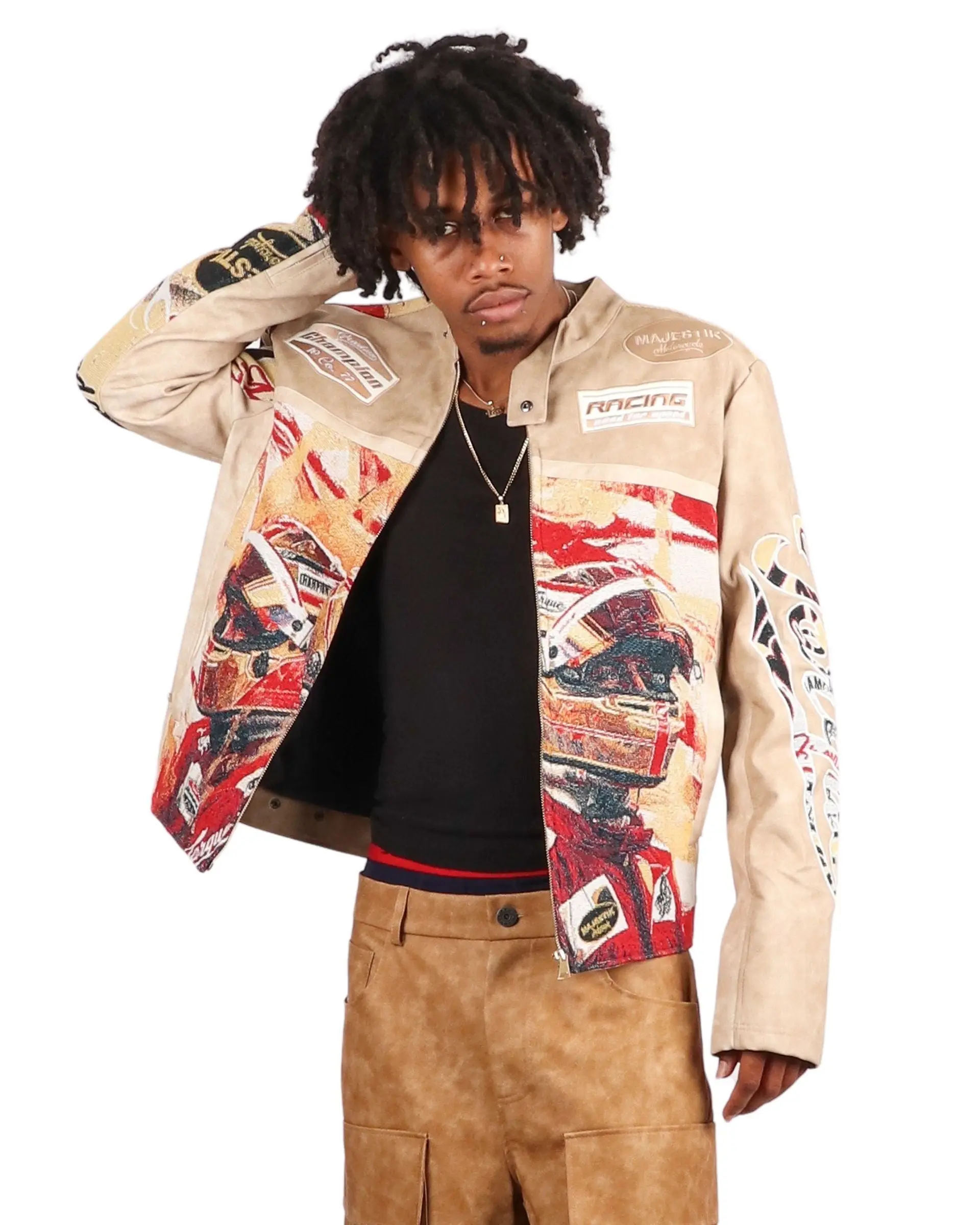 Majestik Men's Tapestry Mix Faux Leather Racing Champion Jacket