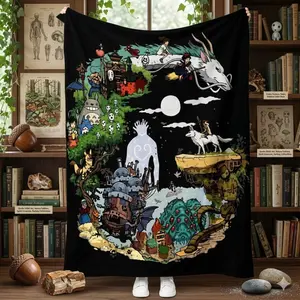 Studio Ghibli Characters Pattern Blanket 1 Count Soft Air-conditioned Room Blanket Warm Nap Blanket for Home Office Cartoon Pattern Blanket Lightweight comfortable skin-friendly and breathable