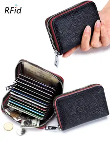 Rfid Multi-Function Large Capacity Plain Card Holder, Anti-Magnetic Theft-Proof Top-Grain Leather, Unisex Driver's License Wallet, Leather Zip Wallet