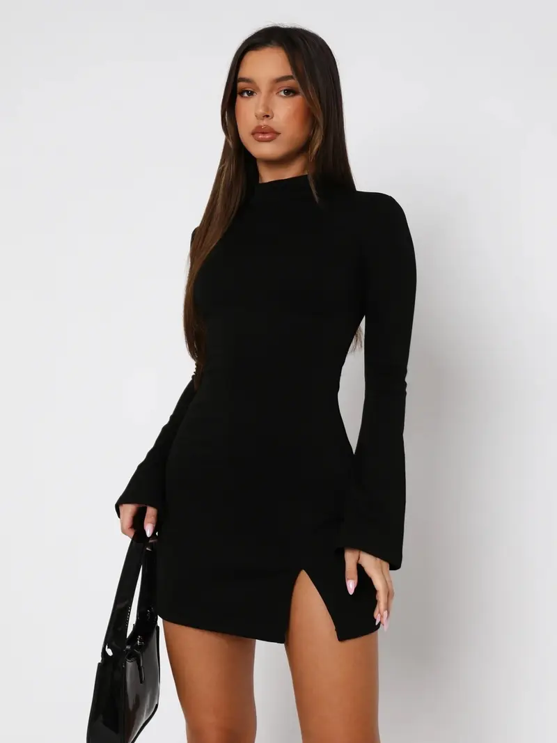 knee length dresses for ladies Black Long Flare Sleeve Mini Dress with Scoop Neckline
