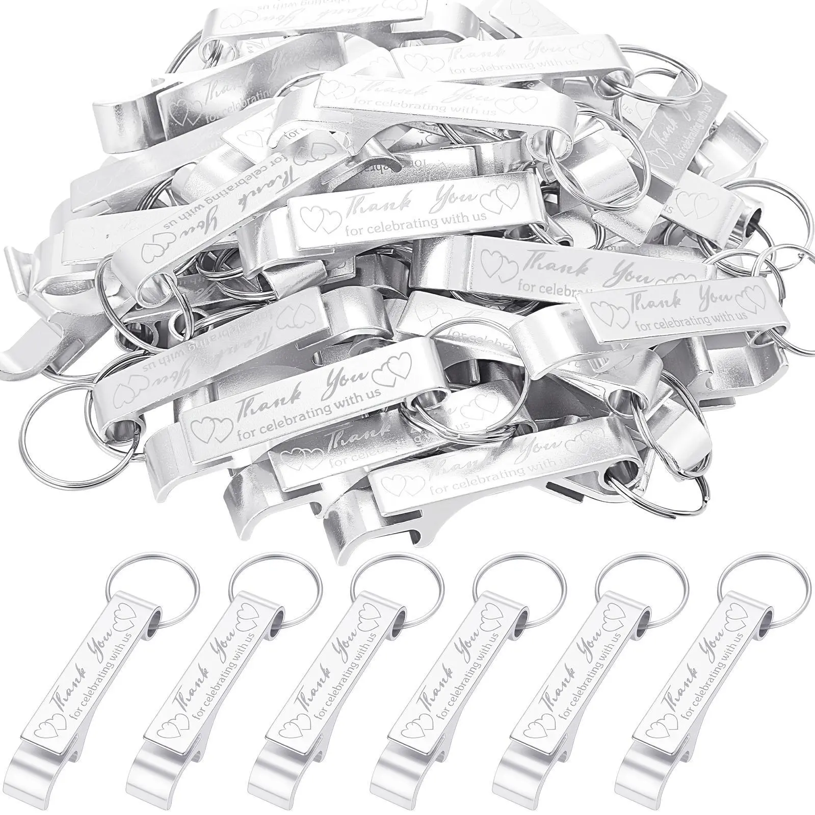 100-Pack Aluminium Bottle Opener Keychains, Kitchen Utensils & Gadgets, Personalized Silver Engraved Wedding Favor Thank You Gifts for Birthdays, Celebrations