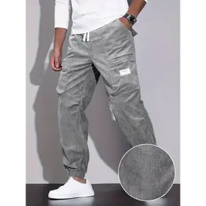 Men's Stylish Solid Corduroy Cargo Joggers With Pockets, Causal Breathable Drawstring - Corduroy - For Men - Suitable for Casual Wear, City Walks, Street Hanging, Outdoor Activities - Perfect Gift for Fashionable Men
