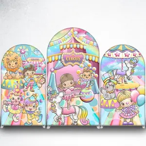 15-day Delivery Colorful Circus Cartoon Lion and Clown Arch Backdrop Cover for Kids Birthday Party Photo Booth