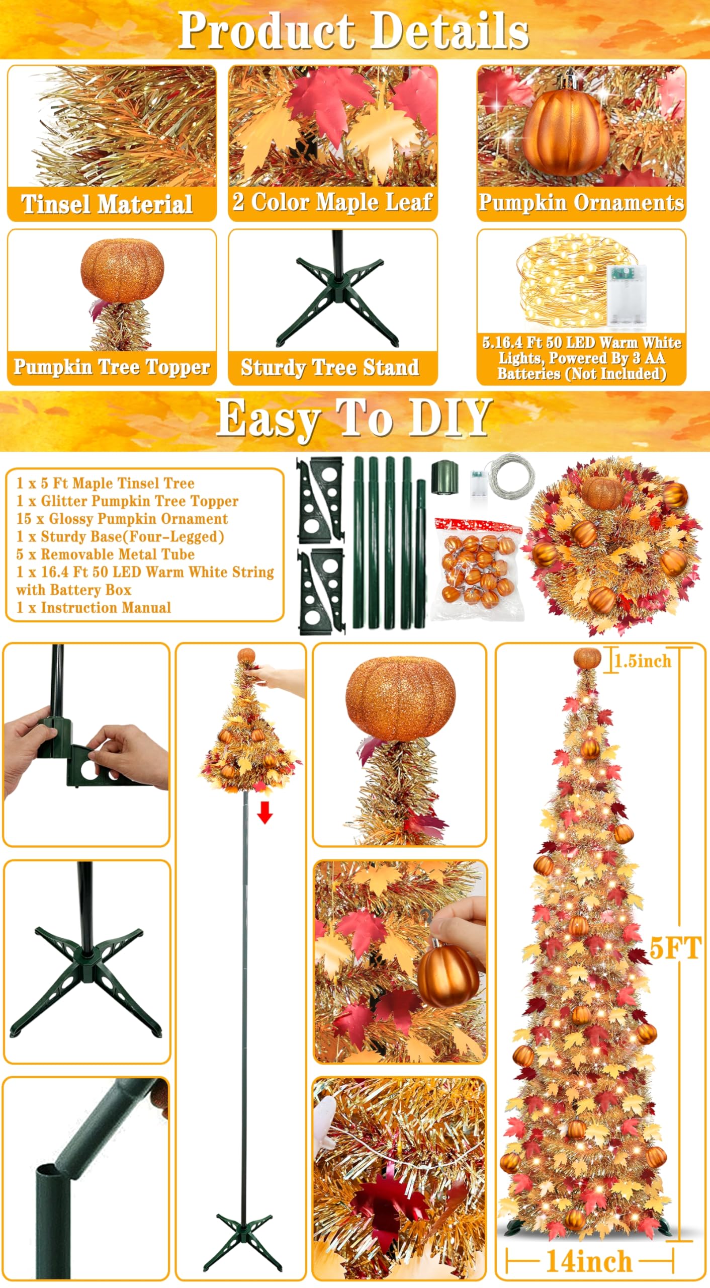 TURNMEON 5 FT Fall Tree Fall Decor, Pop Up Tinsel Maples Tree with 50 Warm White Lights Orange Pumpkins Battery Operated Lighted Halloween Tree Fall Decorations for Home Harvest Thanksgiving Party Indoor