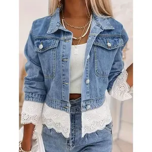 Sister Qin's Wardrobe Women's Stylish Lace-Trimmed Cropped Denim Jacket - Casual Long Sleeve Jean Coat with Flap Pockets, Button-Up Front, Perfect for Spring & Fall