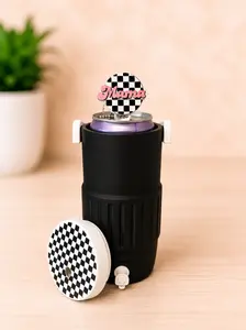 Black and White Checked 12 oz Skinny Can Holder and Can Opener Bundle