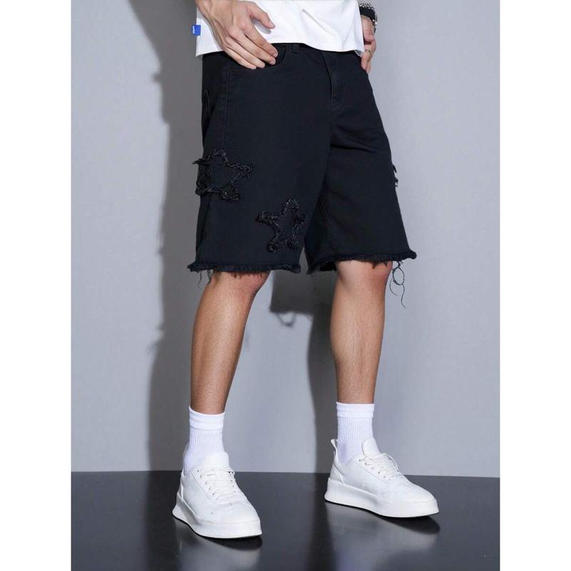 (Gold promotion)Manfinity EMRG Men's Casual Solid Color Denim Black Shorts Jorts With Frayed Hems, Men Black Cargo Shorts, Gothic Men Shorts, Mens Ripped Shorts, Men S Fashion Creative Fringe Denim Shorts