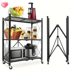 High Load-Bearing 3-Layer Foldable Storage Rack with Wheels Black Iron Shelving Unit for Garage Kitchen Bedroom Multipurpose Utility Racks