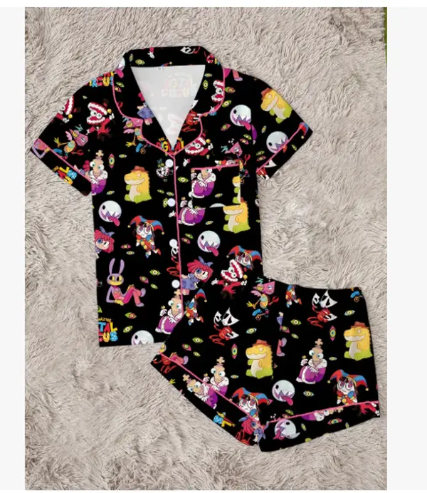 Women's Cute Circus Character Pajamas Set, Funny Magic Monster Pattern Button Sleepwear, Soft 2-Piece Short Sleeve Summer Home Wear