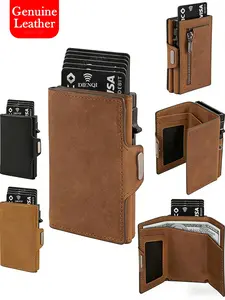 Genuine Leather Mens Wallet RFID Card Holder Cow Leather Bank Credit Cardholder Coin Pocket Short Purse Trifold Wallets for Men, Rfid Blocking Wallets, Black|Brown|Aluminum Case, Gift for Husband