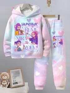 New Korean Kpop Demon Hunters 3D Printed Fitted Hoodie Long Pants Set Outfit, Comfortable Fashion Long Sleeve Pullover, Spring Fall Winter Casual Wear