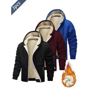 3-Piece Men's Plus Size Solid Color Hooded Jacket Set - Thickened Polyester Fleece Jacket with Zipper, Regular Fit, Long Sleeve  Machine Wash, Windproof and Warm  No L Casual Menswear