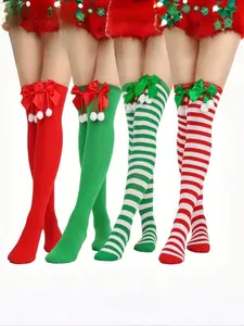 4-Pack Christmas Socks Over-the-Knee Striped Long Socks for Women, European and American Holiday Style