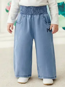 Newborn Baby Girl Casual Embroidered Letter Denim Jeans, Fitted Spring & Fall Jeans, Daily Wear, Versatile Kids' Clothing