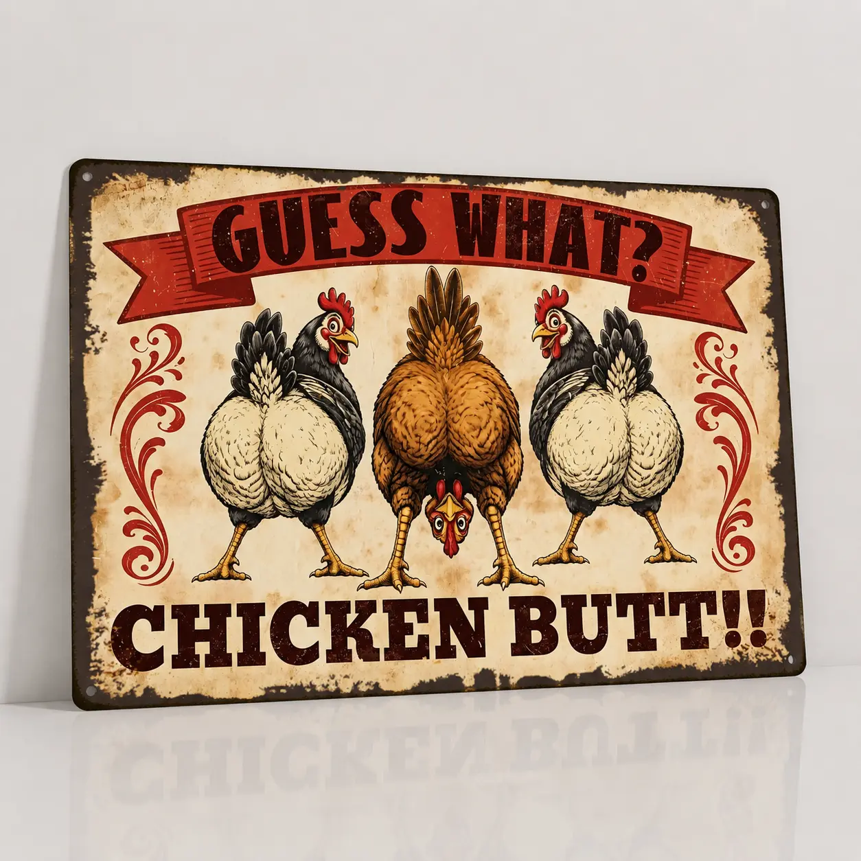 Humorous Chicken Butt Hangable Metal Wall Sign, Decorative Modern Farmhouse Home Decor, 8x12 in Porch Front Door Decoration for Humor Lovers, Casual