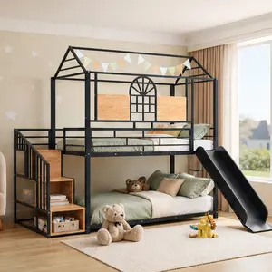 ARCH Twin Over Twin Metal Bunk Bed with Slide and Storage Stairs, Black Iron House Bed Frame for Kids, Playhouse Design with Guardrails, Ladder, and Mosquito Net Brackets, Perfect for Bedroom, No Box Spring Needed, Black Color Options