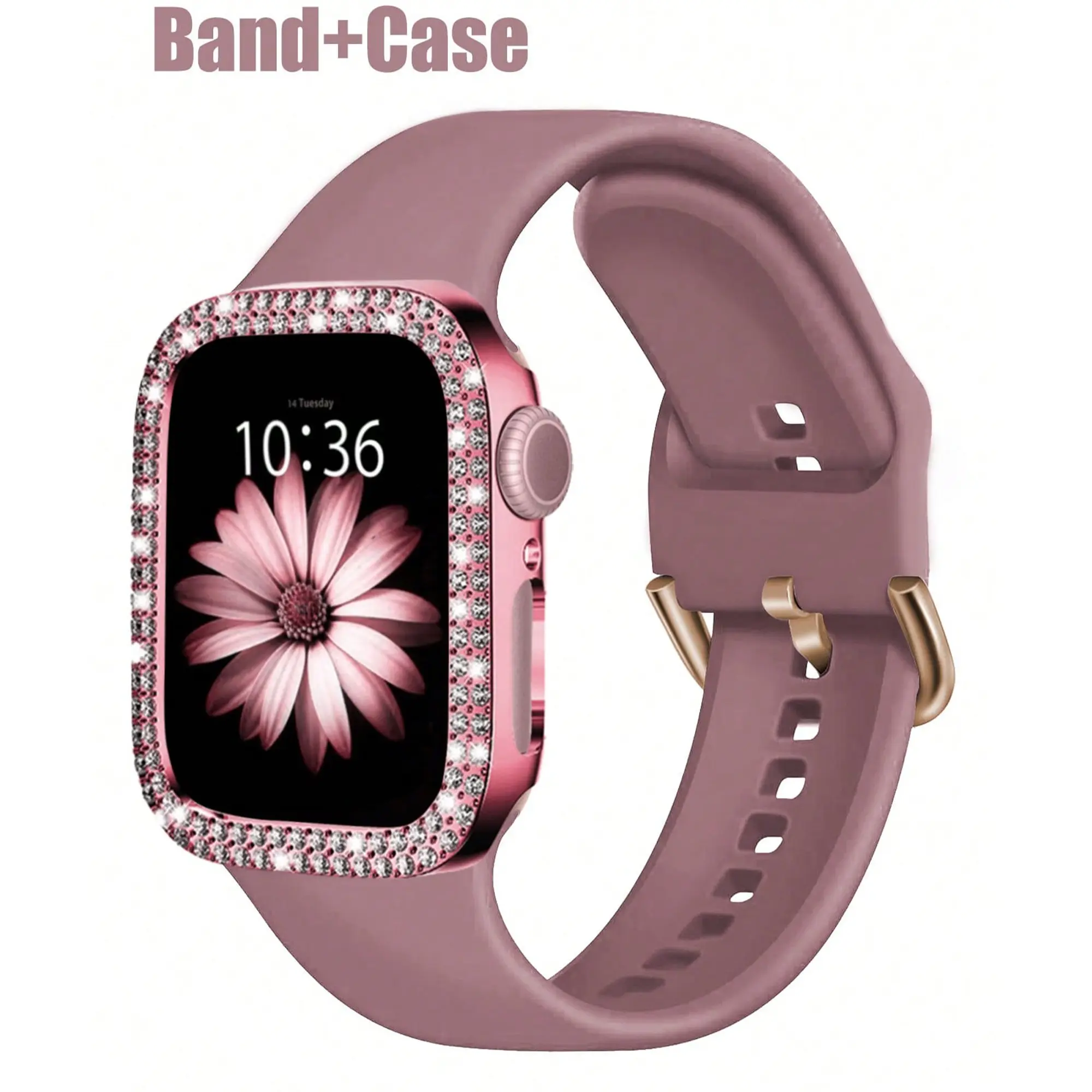 2-in-1 Silicone Replacement Band for Apple Watch — Paired with a Double-Row Diamond-Embellished Case. Shockproof and Scratch-Resistant. Compatible with Apple Watch Series 3–11, SE, and Ultra. A Stylish Band and Case Set for Women, Wearable Accessory.
