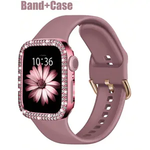 2-in-1 Silicone Replacement Band for Apple Watch — Paired with a Double-Row Diamond-Embellished Case. Shockproof and Scratch-Resistant. Compatible with Apple Watch Series 3–11, SE, and Ultra. A Stylish Band and Case Set for Women.