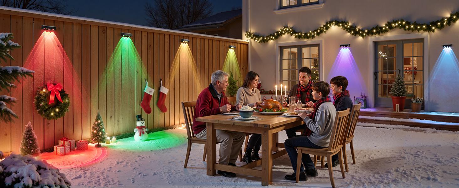 Solar Fence Lights Outdoor 8 Pack, Warm White & RGB 9 Color Changing, Waterproof LED Solar Lights for Fence Post Deck Railing Patio Backyard Garden Decor