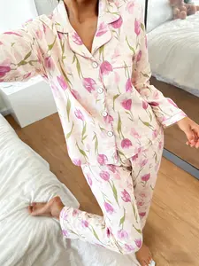 Women's Long Sleeve Pyjama Set, Tulip Flower All over Print, Soft Breathable Home Wear, Loungewear, Casual Loose Fit, Ankle Length, Spring & Fall, Pajama Set, Nightwear, Pajamas
