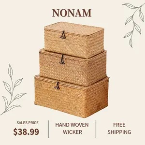 Nonam Handwoven Natural Seagrass Bin with Lid, Set of 3, Shelf Baskets Multipurpose Container for Boho Decoration, Rectangular Household Storage Boxes for Home Organization