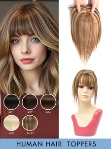 5*9 Real Human Hair Clip-In Topper with Bangs Blonde Straight Hairpiece for Thinning Hair Multi-Ethnic Friendly & Unisex Hair Clips for Styling Hair Volumizing Accessory Versatile Hairpiece Human Hair Topper