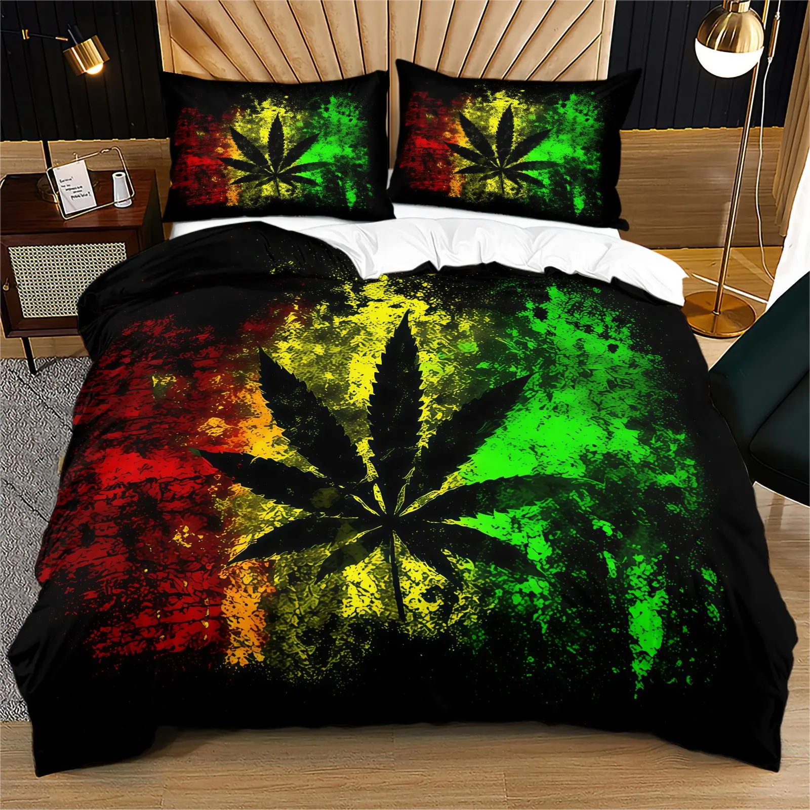 Rasta Style Cannabis Leaf Decorative Duvet Cover Set, 1 Duvet Cover with 1/2 Pillowcases, All-Season Bedding for Bedroom, Dorm & Guest Room, Decor for Teens & Adults