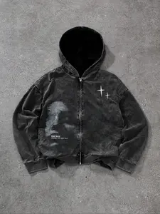 Men's Hooded Zipper Sweatshirt, Cotton Casual Loose-Fitting Jacket, Side Pockets, Y2K Face Pattern, Graphic Print Hoodie, Fall & Winter Thin Coat