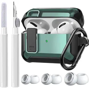 Case for AirPods Pro 2/1 Gen, Rugged Protective Cover with Cleaner Kit & Replacement Ear Tips (S/M/L), Keychain, Black/Green