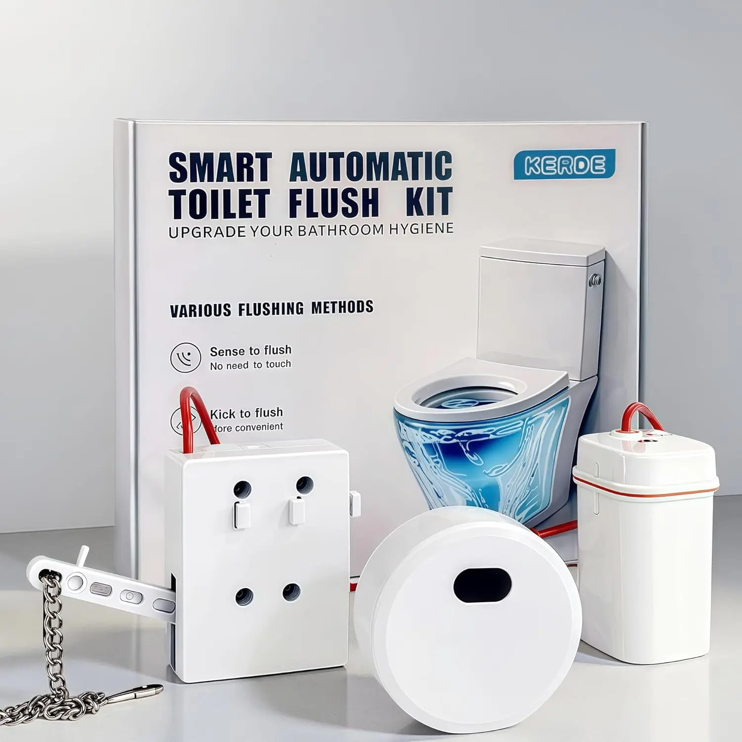 Touchless Toilet Flusher Kit – Motion Sensor Flush Valve with Wireless Button, Battery Powered, Compatible with Chain Pull Lever Toilets, Remote Flush for Home & Commercial Bathrooms