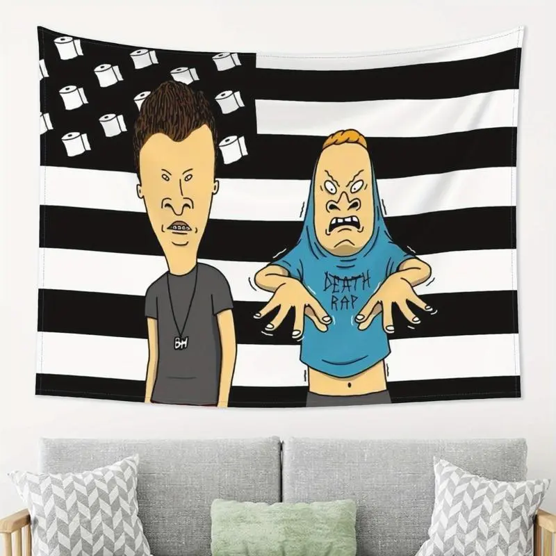 Beavis & Butt-Head Cartoon Tapestry - Black-White Stripes Flags Soft Fabric with American Flag Motifs, Light Peach & Beige Horizontal Room Art, Funny Decor Inspo for Living Room, Indoor Use No Electricity Needed