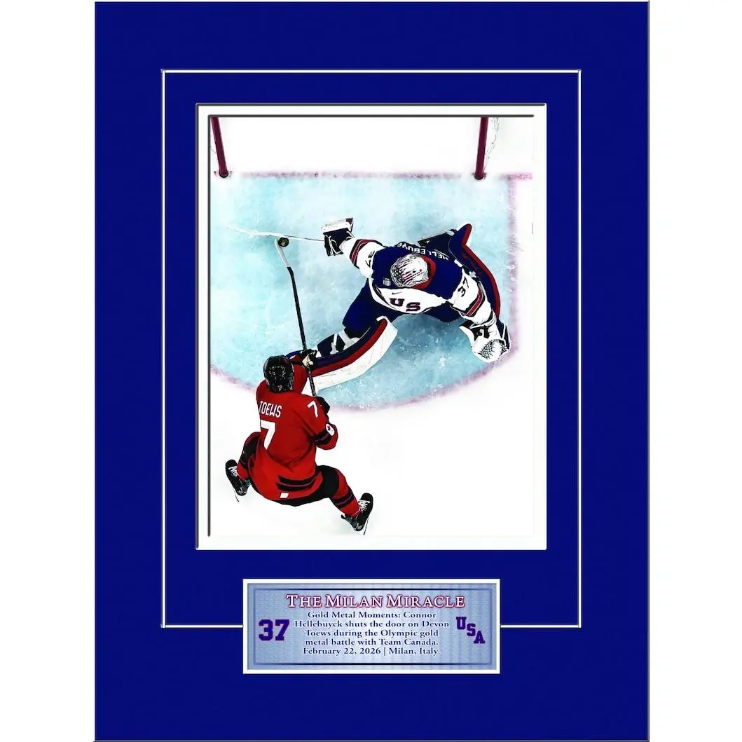 Connor Hellebuyck USA Hockey Olympic Gold Medal Matted Photo - 2026 Milan Olympics Save vs Canada