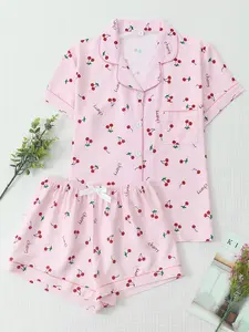 Cherry Women's Pajama Set, Sweet Lapel Short Sleeve Top with Pocket and Bow Shorts, Casual Loungewear, Fitted Heart Pattern