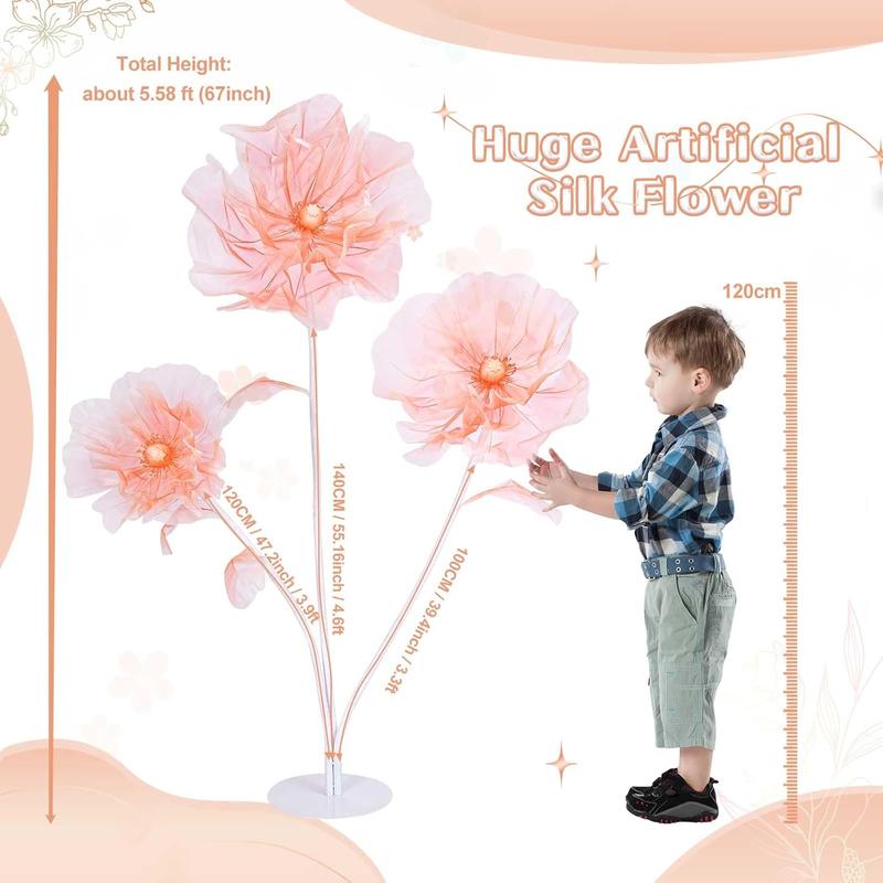 6 panels-5.58 ft Giant Flowers for Decoration,Large Fake Flower with Standing Stems and Base,Big Artificial Flowers for Home Decor,Wedding Background Decor,Shop Window Display,Banquet,Garden Party (Dark Champagne)