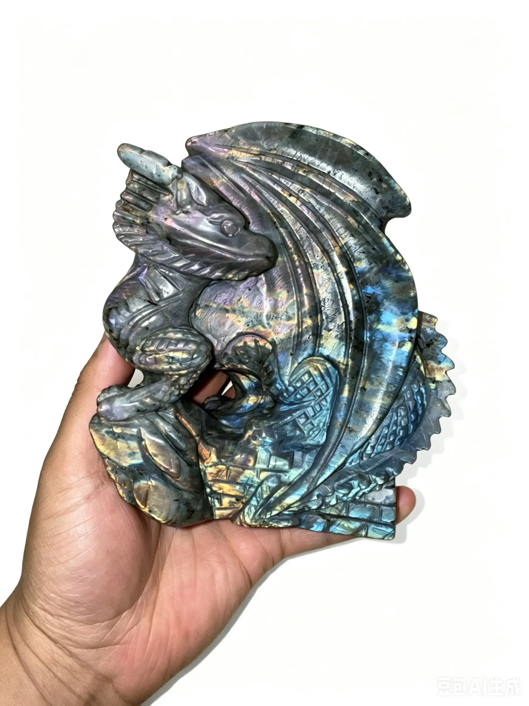 Natural Labradorite Dragon Stone Carving - Hand-Carved Castle Statement Piece with Luminous Iridescent Flash, Aesthetic Color Changing Decor for Spiritual Protection, Courage & Self-Discovery