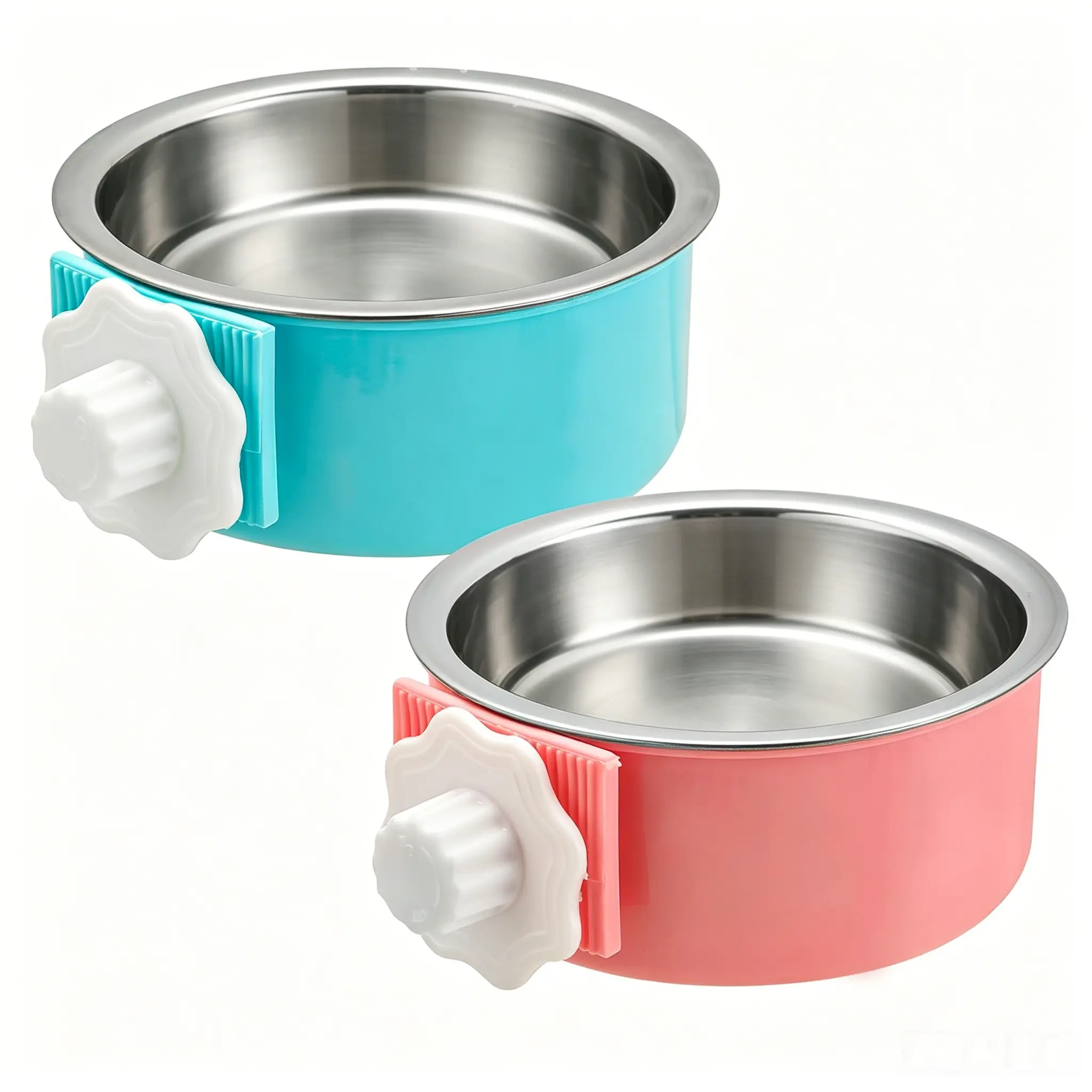 2-Pack Hanging Stainless Steel Cage-Attachable Dog Bowl Set - 4.92" Diameter Food & Water Feeder Cups for Medium Dogs, Ferrets, Birds, Attach To Cage (Blue, Red)