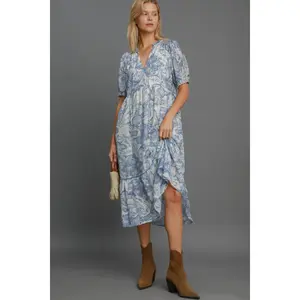 Umgee Full Size Printed Puff Short Sleeve Midi Dress Plus Size