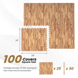 COSTWAY - 25 Tiles Wood Grain Foam Floor Mats with Borders- Natural