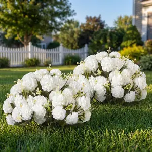 Beige 2 Set Artificial Boxwood Topiary Ball with Hydrangea Flower, 19.7" UV Resistant with Ground Spike for Planter Front Door Home Indoor Porch