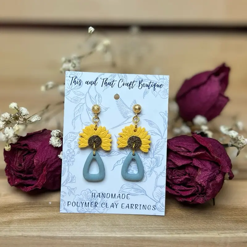 Sunflower with Blue dangle Polymer Clay Earrings