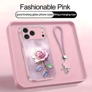 Suitable for [iPhone 17 Pro] high-end women's phone case🤩，a beautiful four-leaf clover lanyard is included🍀，various pink rose patterns, exquisite and high-end YM99