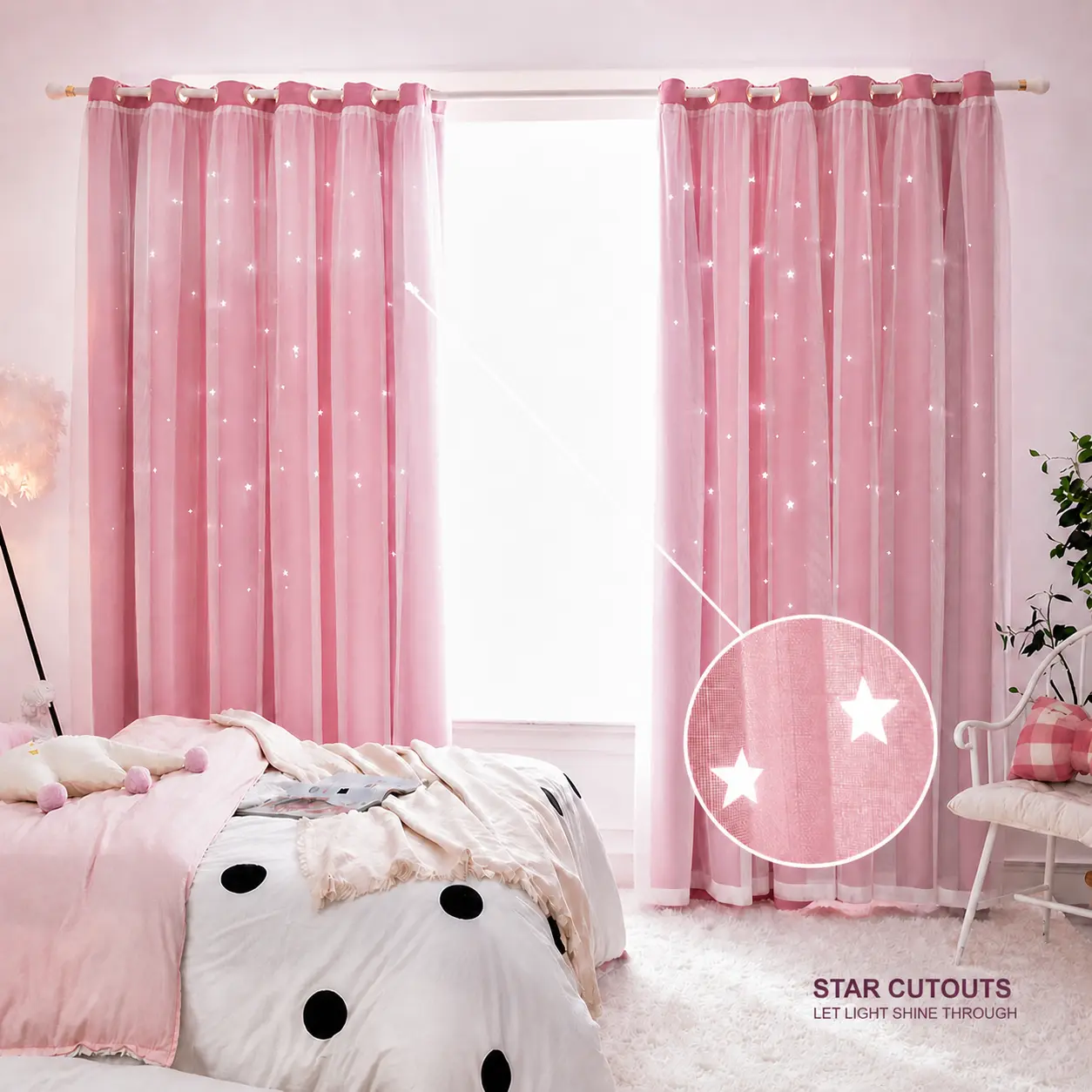1 pc grommet curtain panel that covers sheer curtains; cute starry cutout design with small holes for light filtering; suitable for bedrooms to block out light and darken rooms; also suitable for living rooms; ideal for themed rooms; can be used as a deco