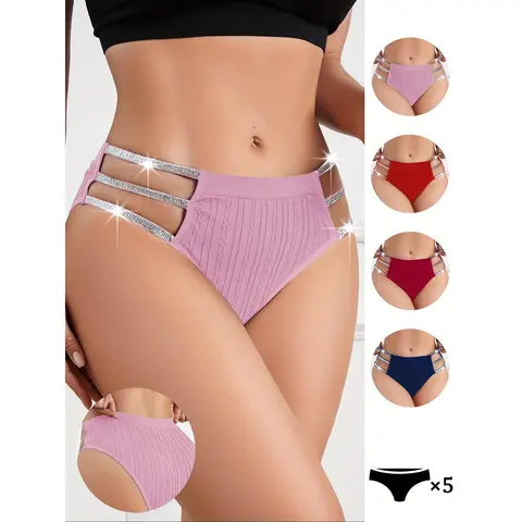 Women's 5-Piece Low Waist Soft Seamless Panty Set - Soft Stylish Briefs with Hollow Shiny Belt, 5% Spandex Nylon-Cotton Lingerie, Breathable Feminine Items for Spring Daily Wear