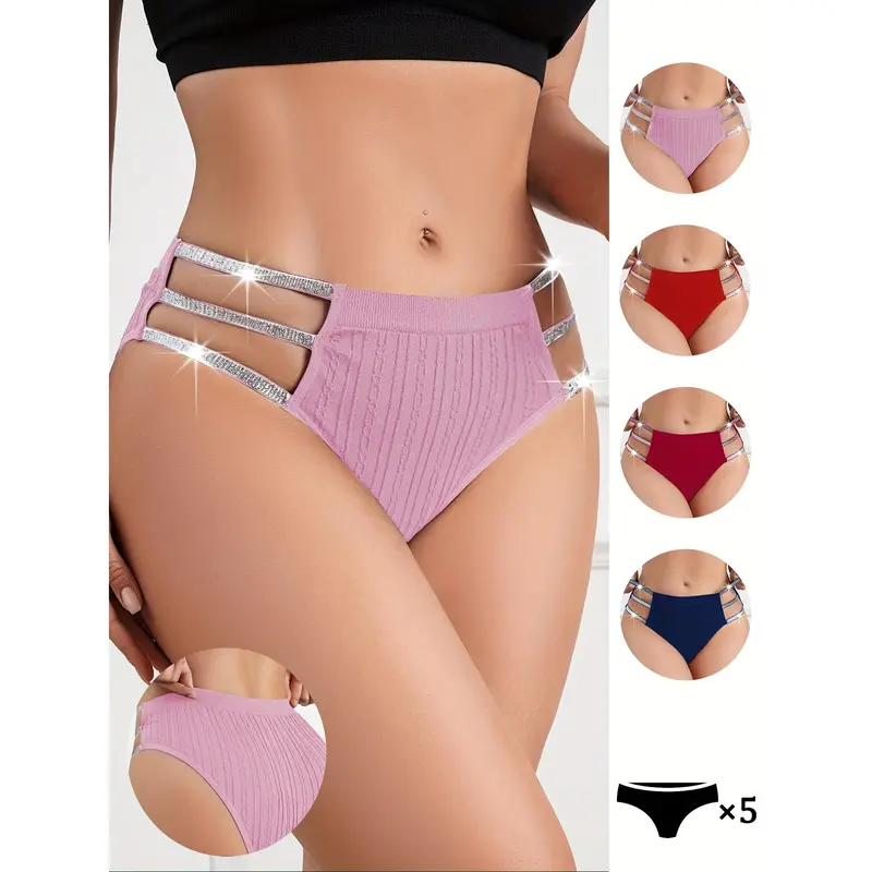 Women's 5-Piece Low Waist Soft Seamless Panty Set - Soft Stylish Briefs with Hollow Shiny Belt, 5% Spandex Nylon-Cotton Lingerie, Breathable Feminine Items for Spring Daily Wear