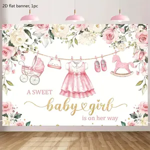 2D flat banner, 1 piece. Super cute baby shower background fabric. Featuring charming watercolor pink floral roses and eucalyptus. Perfect for party decoration. kdj