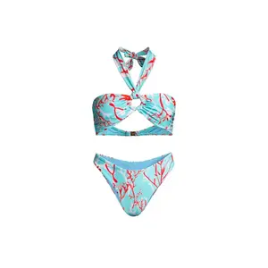 Coral - Light Blue Printed Bandeau Halter Bikini Set