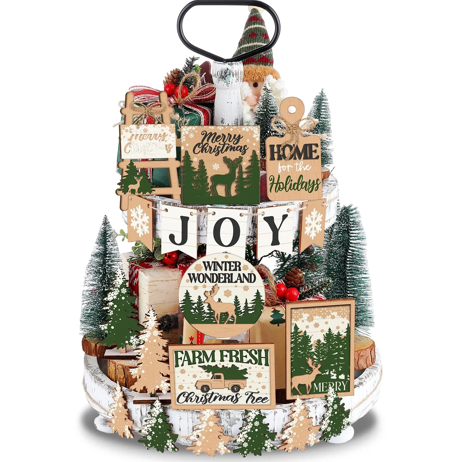 17-piece layered Christmas tray decoration set, winter decor, snowflake truck, Christmas tree signs, farmhouse dining table centerpiece, home shelf center piece, country decor