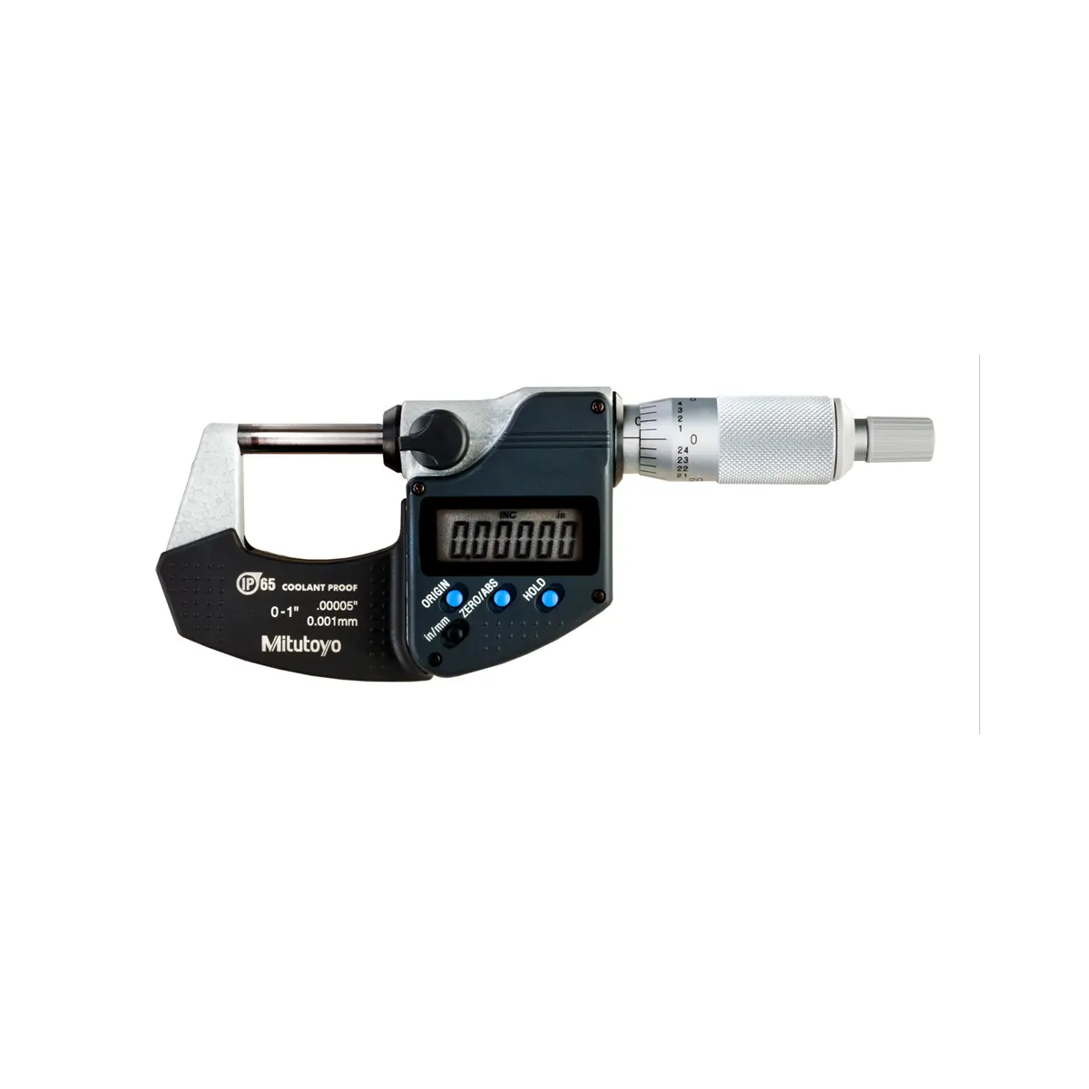 Mitutoyo 293-340-30 IP65 Rating Digimatic Hardware Micrometer - 1 in/25.4 mm, Ratchet Stop Handle, No SPC Output, Inch/MM Dual Measurement, Auto Power Off, Carbide Tips, Portable Tool for Office & Educational Use
